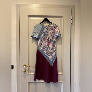 Elegant Paisley Print Dress in Blue and Burgundy